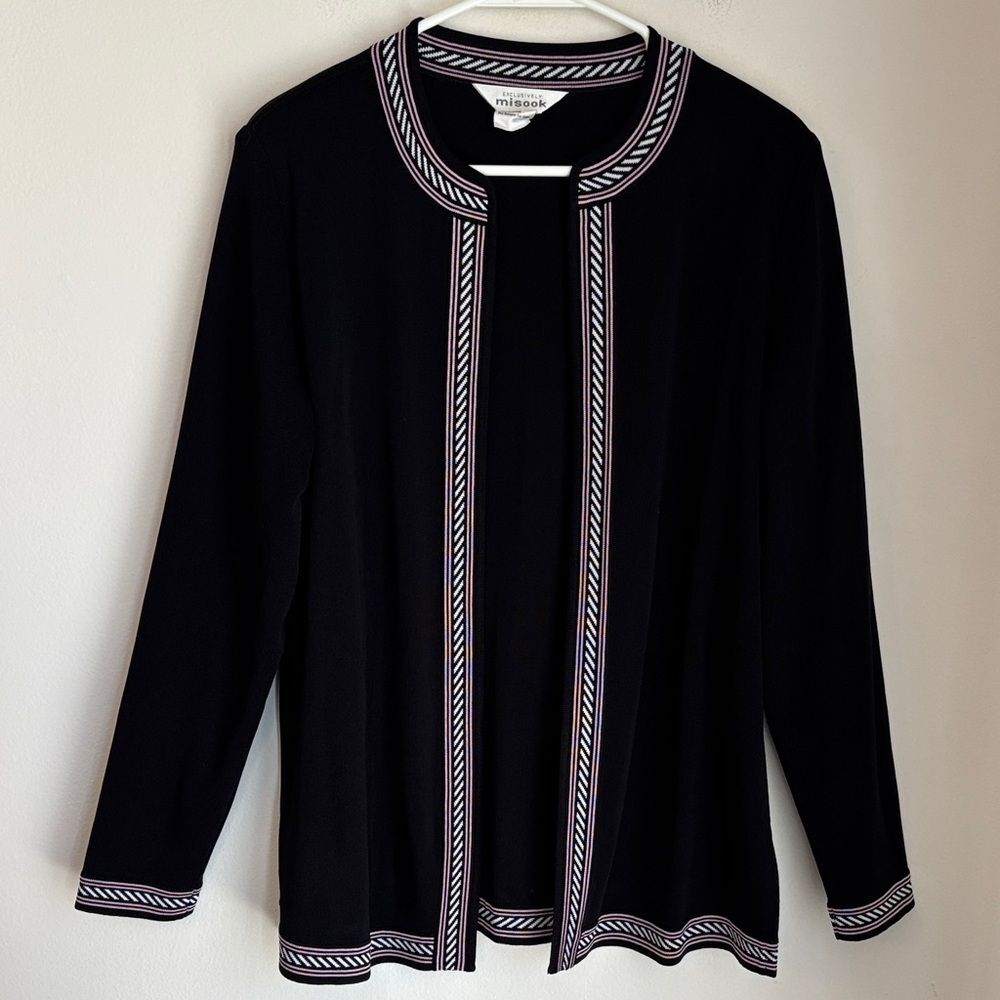 Misook Women’s Black knit Cardigan with Striped Trim size medium classic jacket